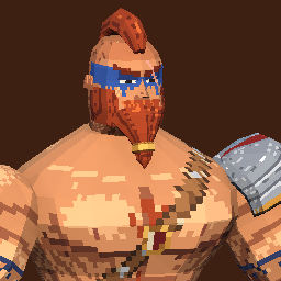 Brakka: a red-bearded barbarian with a blue headband and a shoulder pauldron