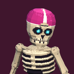 Grindbone: a grinning skeleton in a pink beanie with glowing cyan eyes