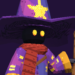 Wizzle: two glowing eyes under an oversized purple star-patterned wizard hat